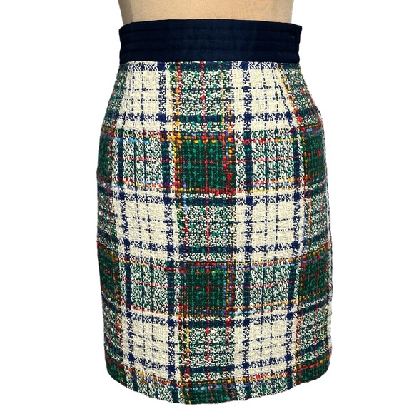 Tory Burch Green Red Blue Gold Purple Cream Tartan Plaid Tweed Skirt Size 6 - Picture 8 of 13